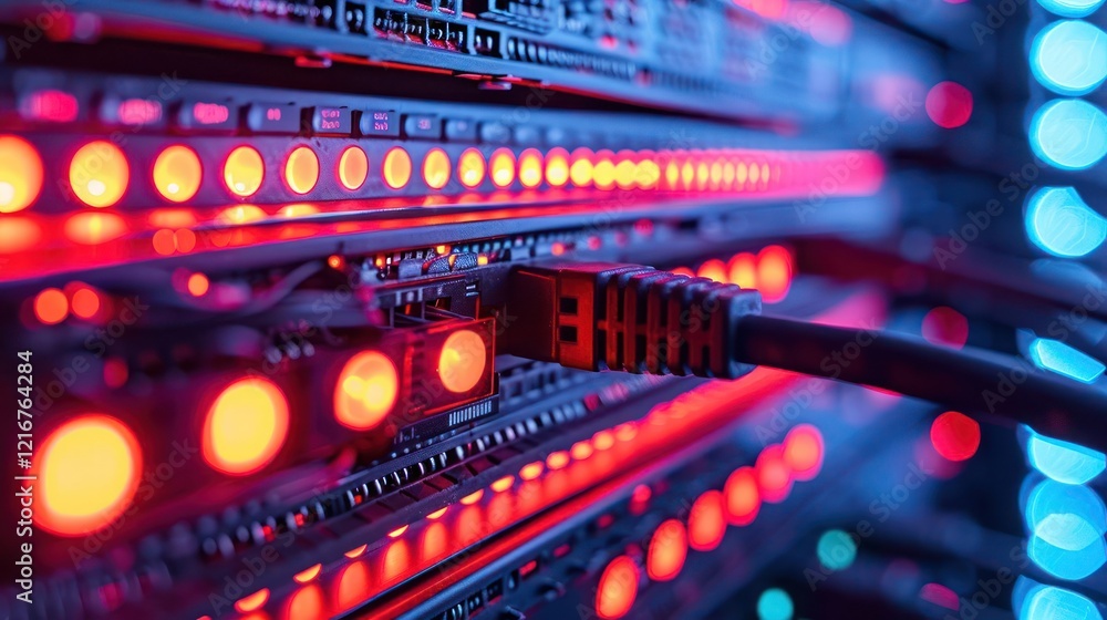 Poster close-up view of illuminated server racks showcasing network cables and vibrant led lights