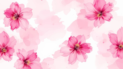 Pink watercolor flowers seamless pattern transparent background