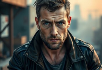 Fototapeta premium Rugged diesel punk male portrait with blurred cityscape