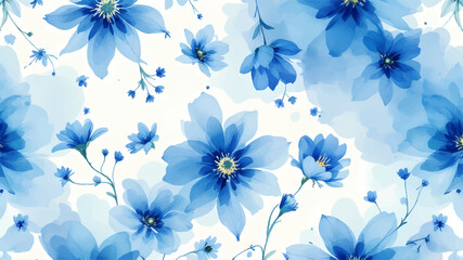 Seamless pattern with blue flowers painted in watercolor style on a white background, elegant floral design	