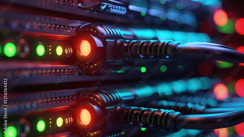 Poster close-up view of illuminated server components showcasing vibrant lights and cables in a data center