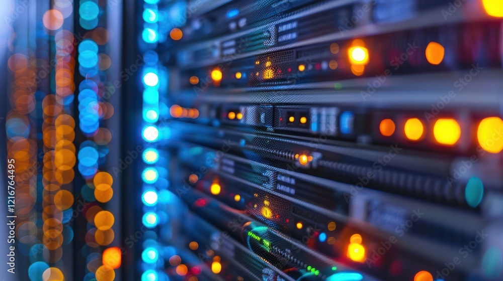 Poster close-up view of illuminated server rack showcasing vibrant led indicators in a data center