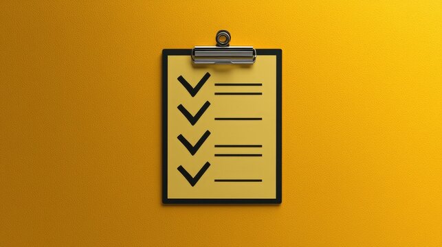 A checklist on a clipboard against a vibrant yellow background, symbolizing organization and task management.