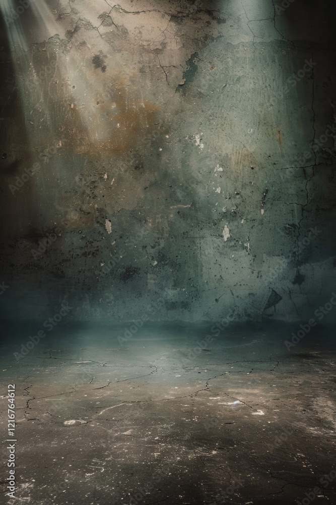 Poster an abandoned cellar with peeling paint, rusty objects and textured walls. mysterious vibe from a for