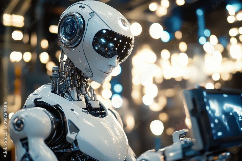 Poster humanoid robot interacting with technology in a futuristic setting