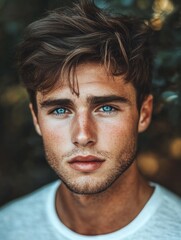 Fototapeta premium A close-up of a young man with blue eyes looking straight ahead. He has a fresh and clean appearance, ideal for microstock or modeling.