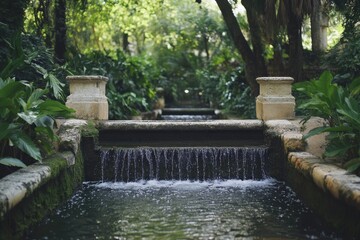 Peaceful water flow through lush greenery in a serene garden setting