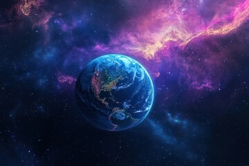 Obraz premium View of Earth with vibrant cosmic background and colorful nebula in space