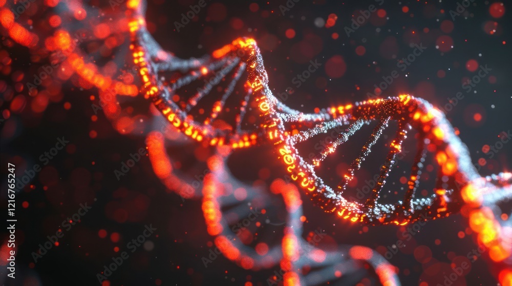 Aufkleber close-up view of a glowing dna double helix structure against a dark background with particles