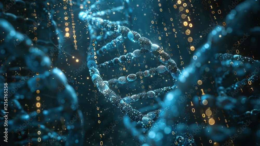 Poster abstract visualization of a dna double helix surrounded by glowing binary code and water droplets