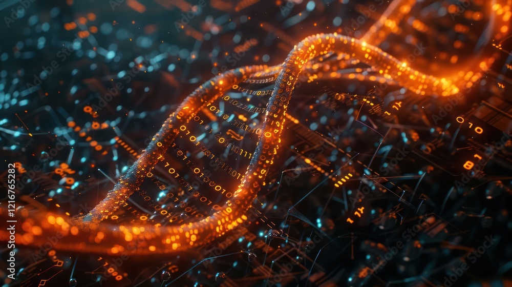 Poster abstract representation of a glowing dna strand intertwined with digital data patterns in a futurist