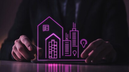 Person using tablet, viewing digital city model.