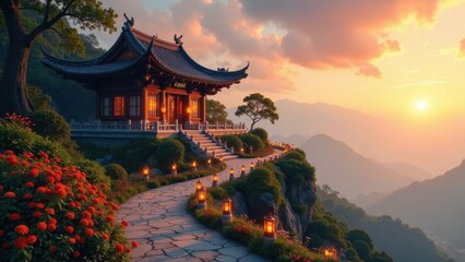 Fototapeta premium Serene Mountaintop Pavilion at Sunset A Picturesque Path Illuminated by Lanterns Leads to a Tranquil Asian-Style Temple, Nestled Amidst Lush Greenery and Vibrant Blooms