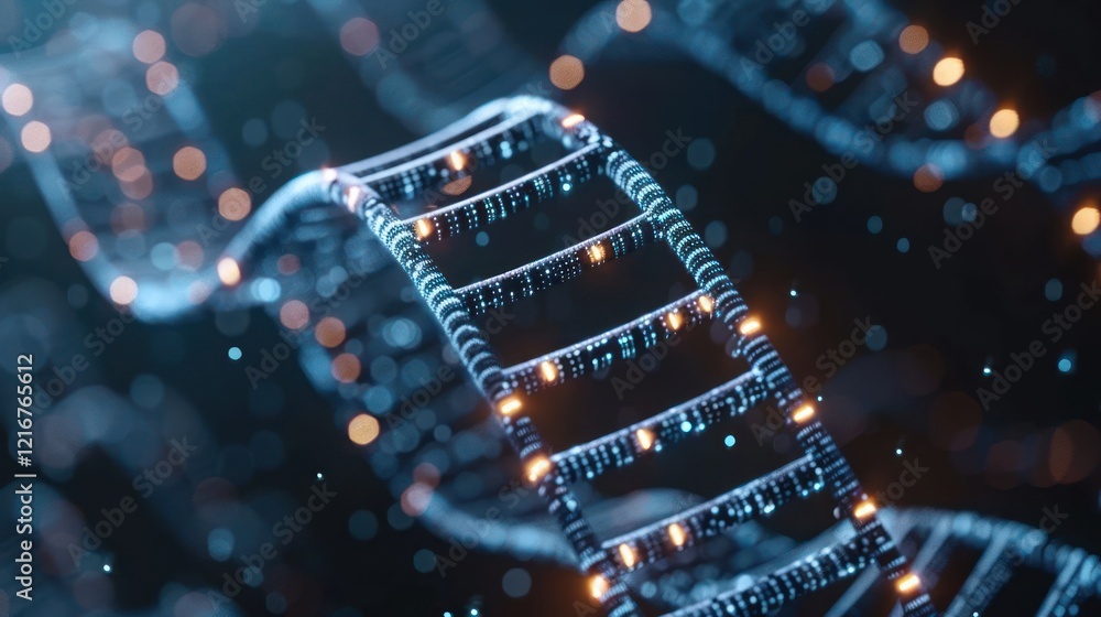 Poster abstract representation of a dna strand illuminated with glowing particles in a dark background
