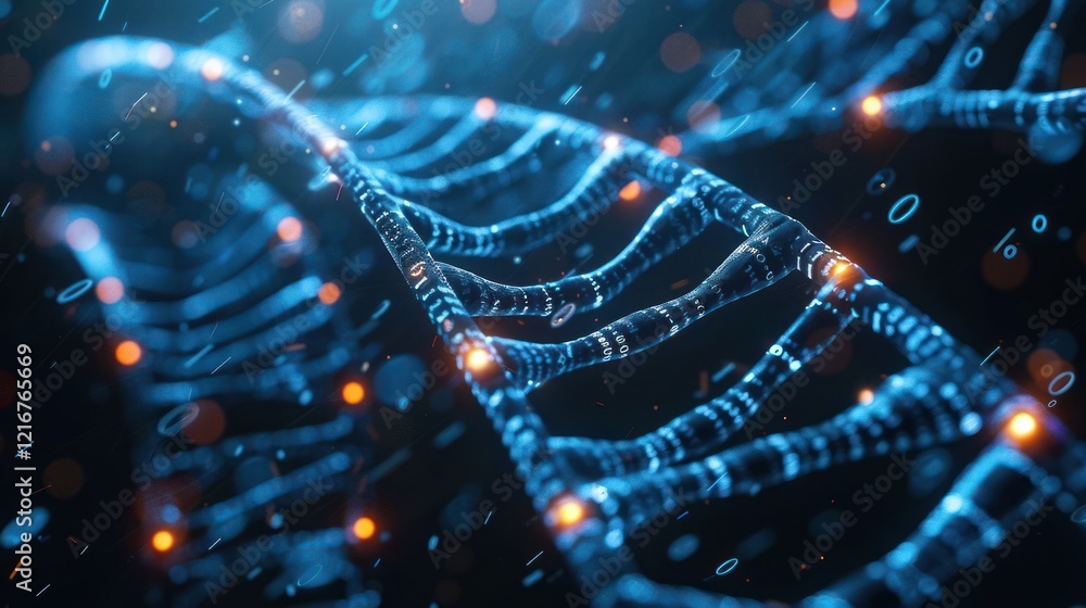 Poster abstract representation of dna strands illuminated with glowing particles against a dark backdrop