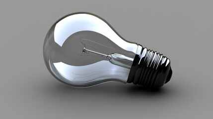 A detailed close-up of a clear light bulb, showcasing its intricate filament and sleek design against a gray background.