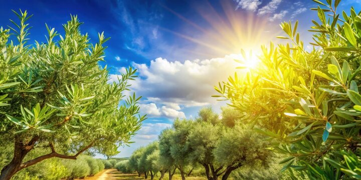 Die Olivenb?ume im Sonnenlicht am mediterranen Himmel, bl?hende bl?tter, s?ditalien