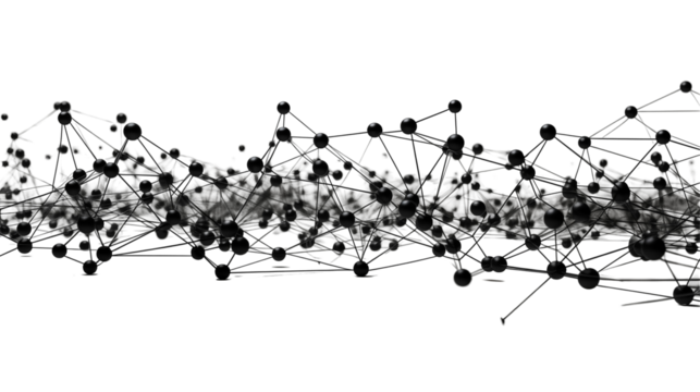 Dark grey molecular network design, modern digital art with elegant and futuristic aesthetic, transparent background.