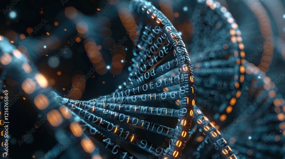 Poster abstract representation of dna strands with binary code, symbolizing technology and biology fusion