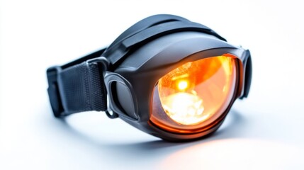 Fototapeta premium This innovative headlamp features a vibrant orange light for optimal visibility. Perfect for outdoor adventures or emergency situations. Perfect balance and comfort. Generative AI