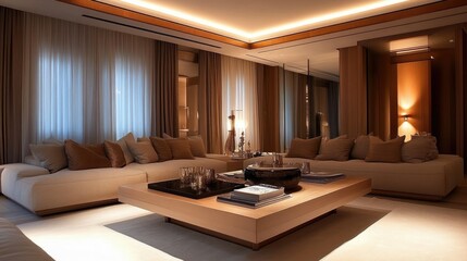 Elegant modern living room design with a minimalist coffee table, textured cushions, and soft lighting