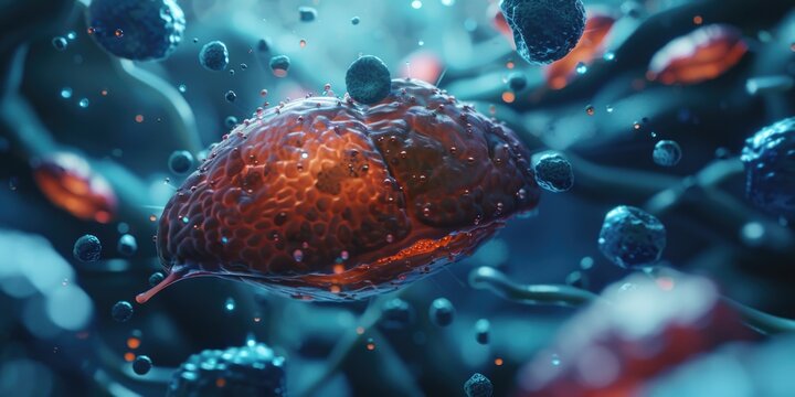 A close up of a red blob with a blue background. The blob is surrounded by many other blobs of various sizes and colors. Concept of chaos and disorder