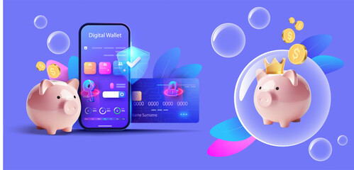 A vibrant digital wallet concept features a piggy bank wearing a crown, alongside a smartphone displaying a financial management app.