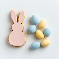 Fototapeta premium Pink bunny cookie and pastel Easter eggs on white background. Perfect for spring celebrations and springtime treats.