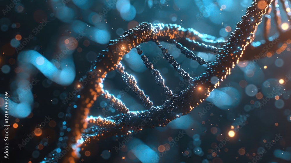 Poster abstract representation of dna structure illuminated by glowing particles in a dark background (1)