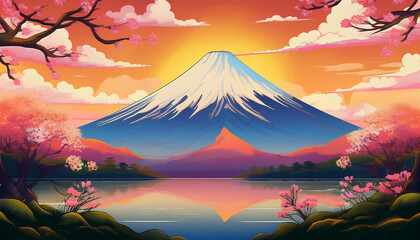 Majestic Mount Fuji at Sunrise, style anime