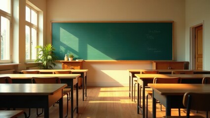 Sunlit Classroom Ready for Students Empty Desks and a Green Chalkboard Await the Start of a New Day