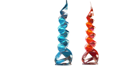 Spiral glass sculptures in red and blue, elegant 3D-rendered modern art for luxury decor, transparent background.