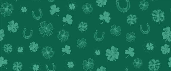 St. Patricks Day, clover pattern on green. Hand drawn illustrations	
