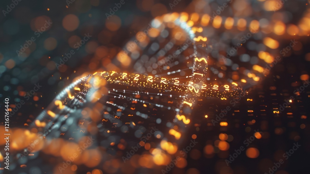 Poster abstract representation of dna strands illuminated by glowing particles in a dark background (4)