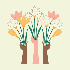 hands holding spring flowers vector illustration