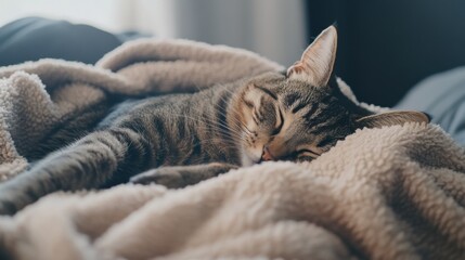 Cat napping on a soft bed with cozy blankets. Featuring a relaxed feline in a warm indoor setting. Highlighting comfort and coziness. Ideal for home comfort themes.