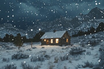 Cozy cabin illuminated by warm light amidst falling snow in a mountainous winter landscape. Generative AI