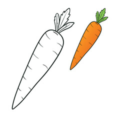 A simple, clean illustration of a single carrot with green leaves, perfect for coloring. The carrot's shape and texture are outlined, allowing creativity for any color choice.