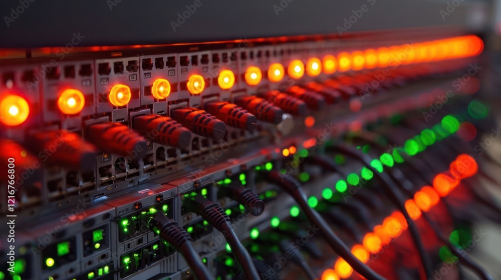 Poster close-up of illuminated network switches with vibrant led indicators in a data center environment