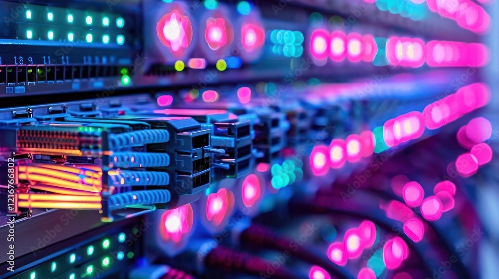 Poster colorful server rack with illuminated lights showcasing technology in a data center environment