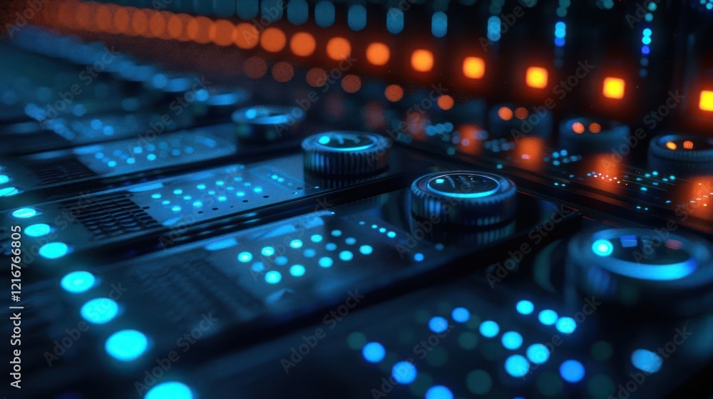 Poster close-up of illuminated control panel with knobs and buttons in a modern audio studio environment