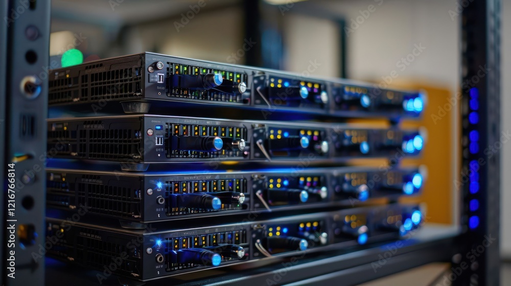 Poster close-up view of stacked server racks in a data center, highlighting operational indicators and cool