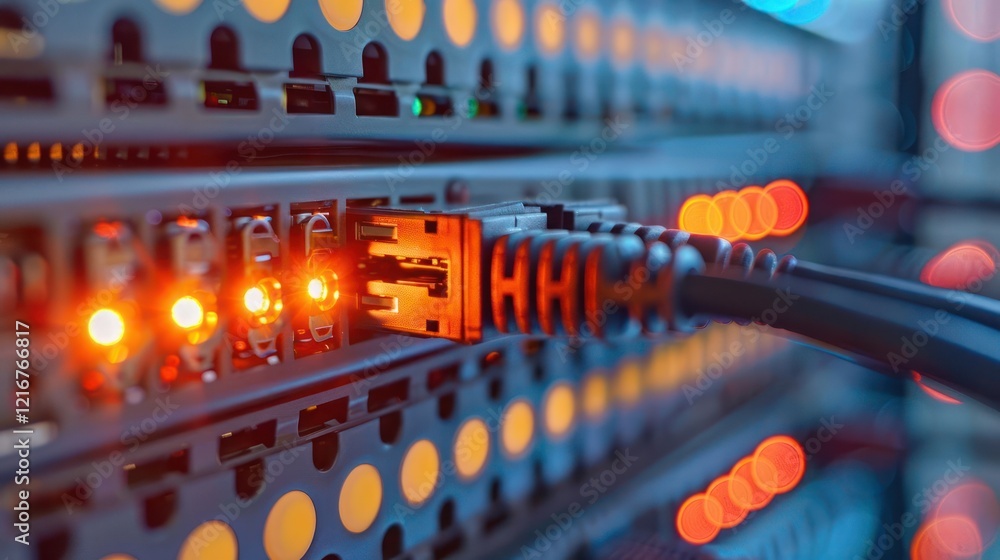 Aufkleber close-up of glowing network cables connected to a server, showcasing data transfer in a tech hub