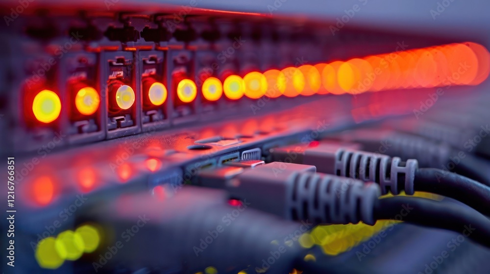 Poster close-up view of illuminated network switches and cables in a data center environment