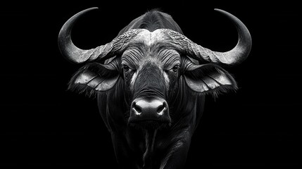 Naklejka premium Close-up of an African buffalo with powerful horns and an intense gaze on a black background