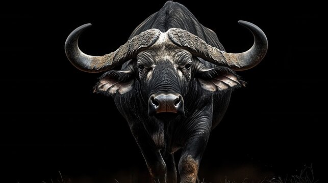 Close-up of an African buffalo with powerful horns and an intense gaze on a black background