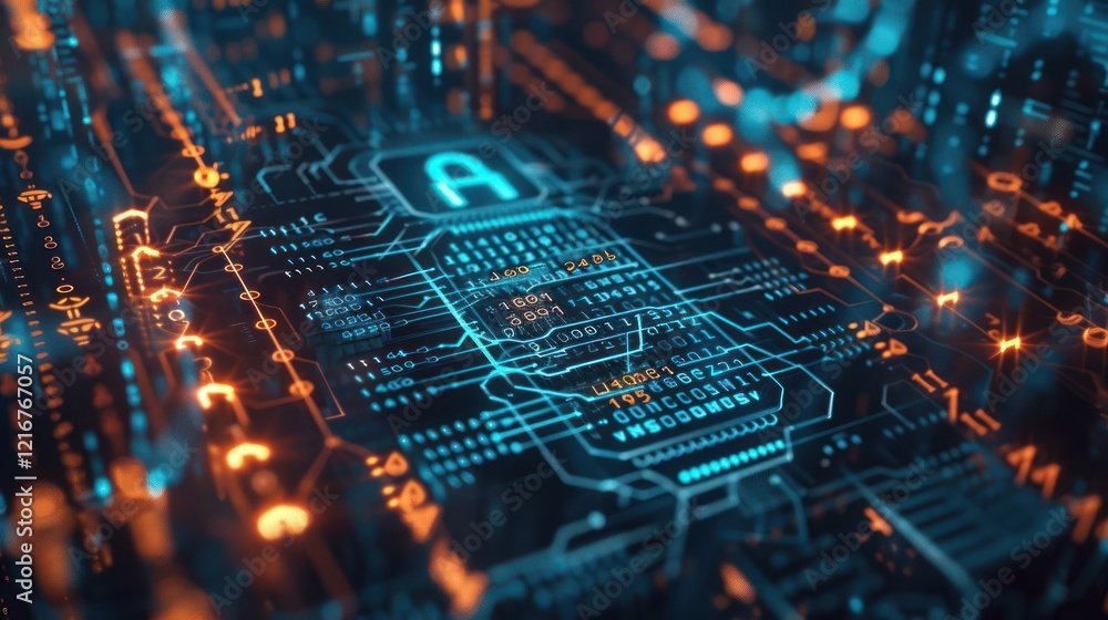Poster abstract digital circuit board with glowing blue and orange elements representing cybersecurity