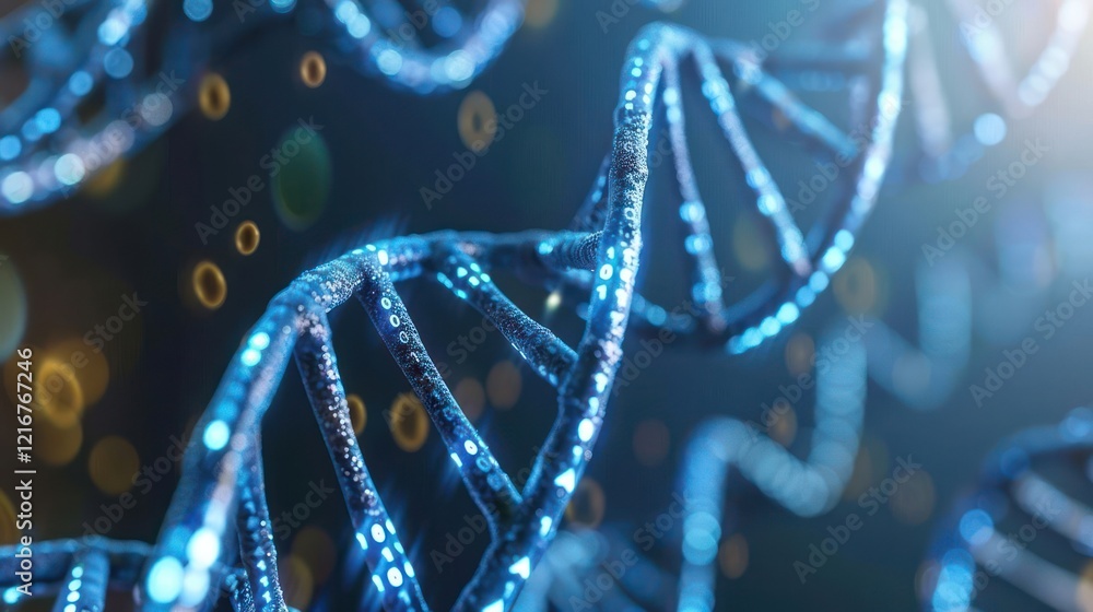 Poster close-up view of a glowing dna double helix structure against a blurred bokeh background