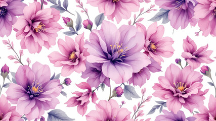 Purple watercolor flowers seamless pattern transparent background