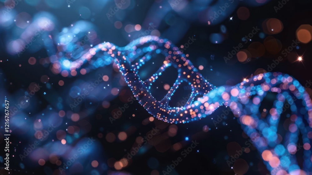 Poster abstract representation of a dna double helix with glowing particles and blurred colorful background